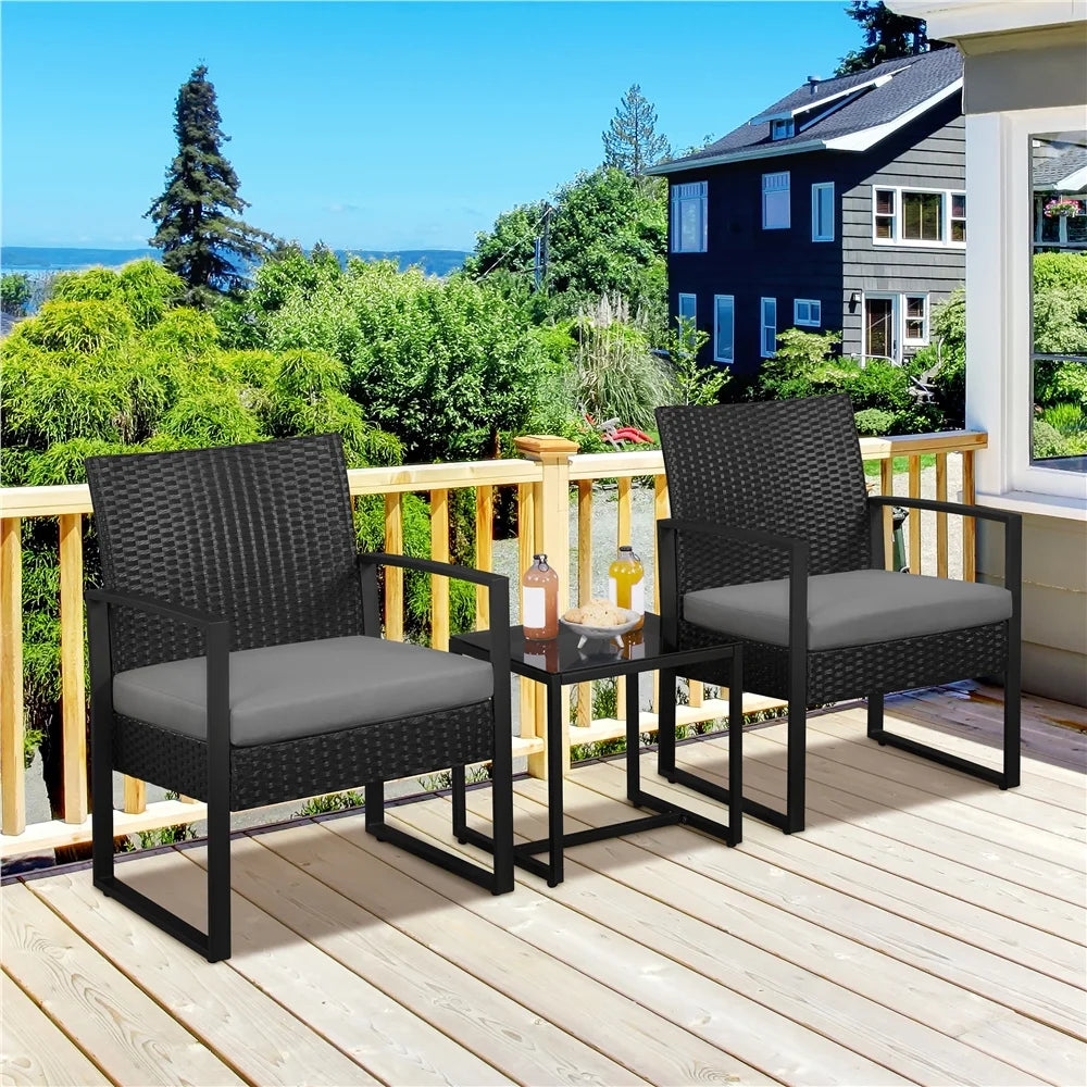 3-piece Patio Rattan Chairs & Table Set with Cushions T458300