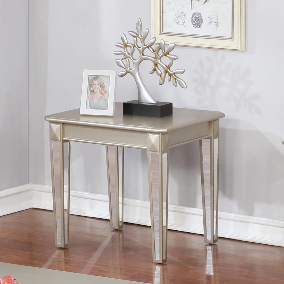 Contemporary Wood End Table with Mirrored Legs J9232