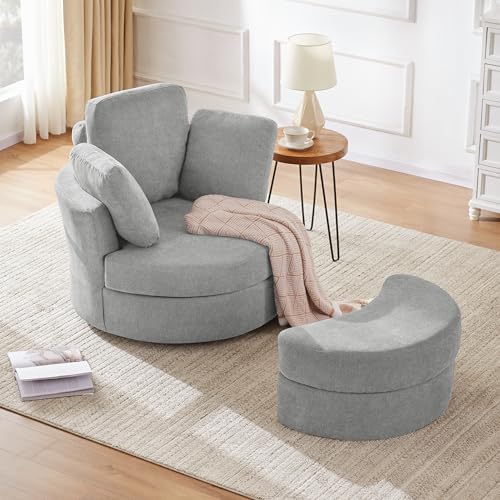 Beige Swivel Accent Barrel Chair with Ottoman D1140