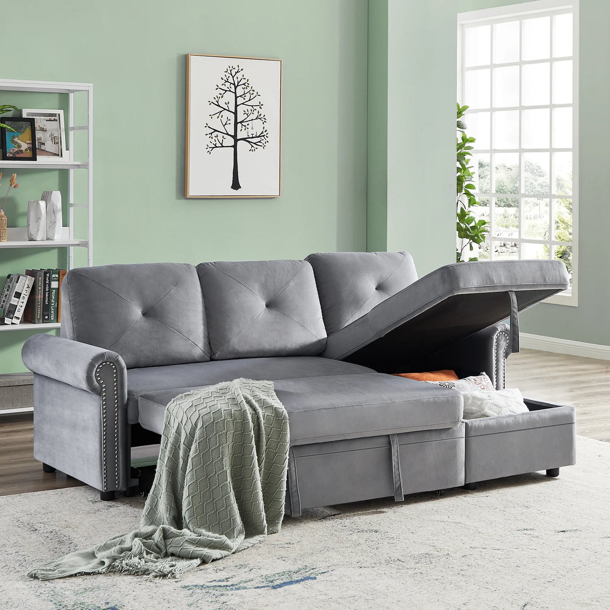 Velvet Reversible Sectional Sleeper Sofa with Storage Chaise D7574