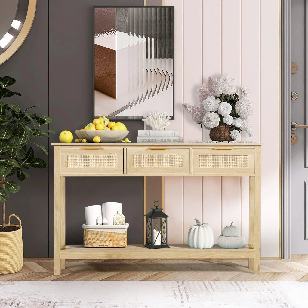 51" Oak Grain Console Table with 3 Drawers V217