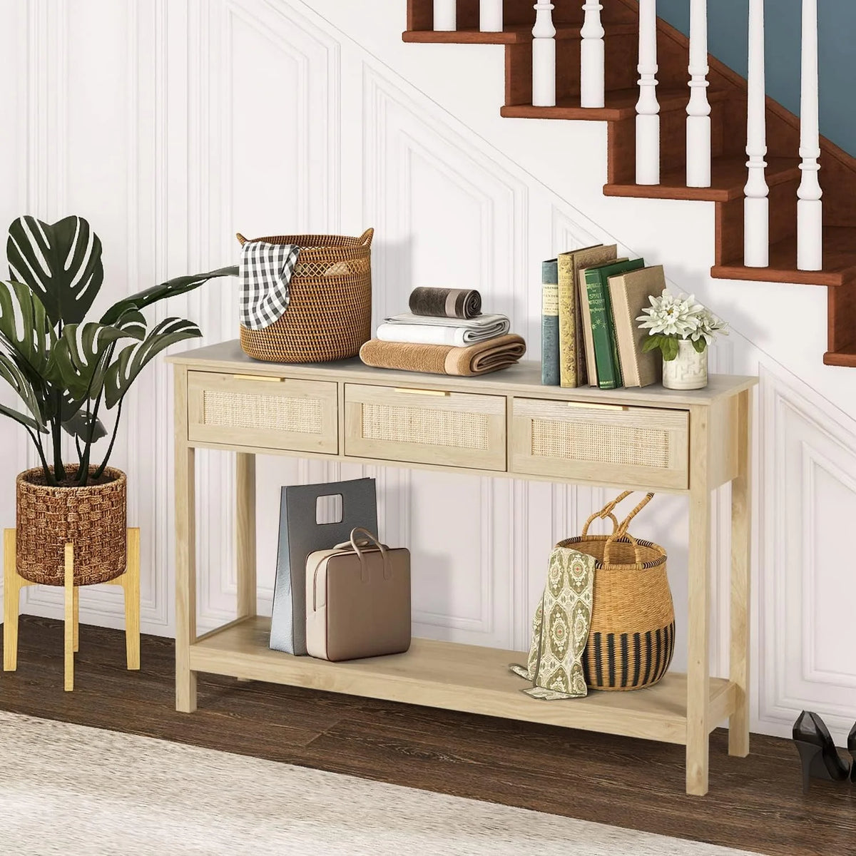 51" Oak Grain Console Table with 3 Drawers V217
