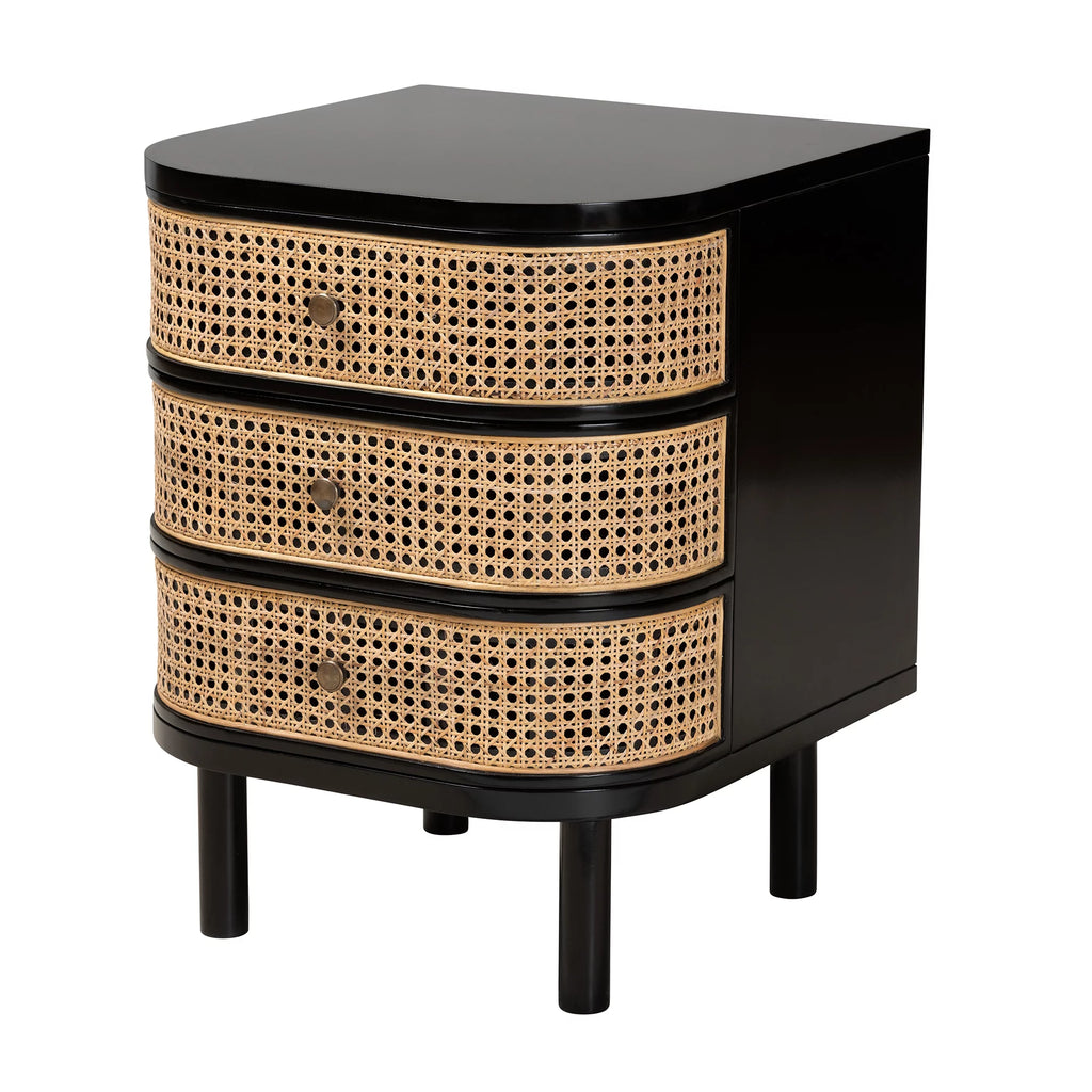 Black Wood and Rattan 3-Drawer End Table Nightstand A58965