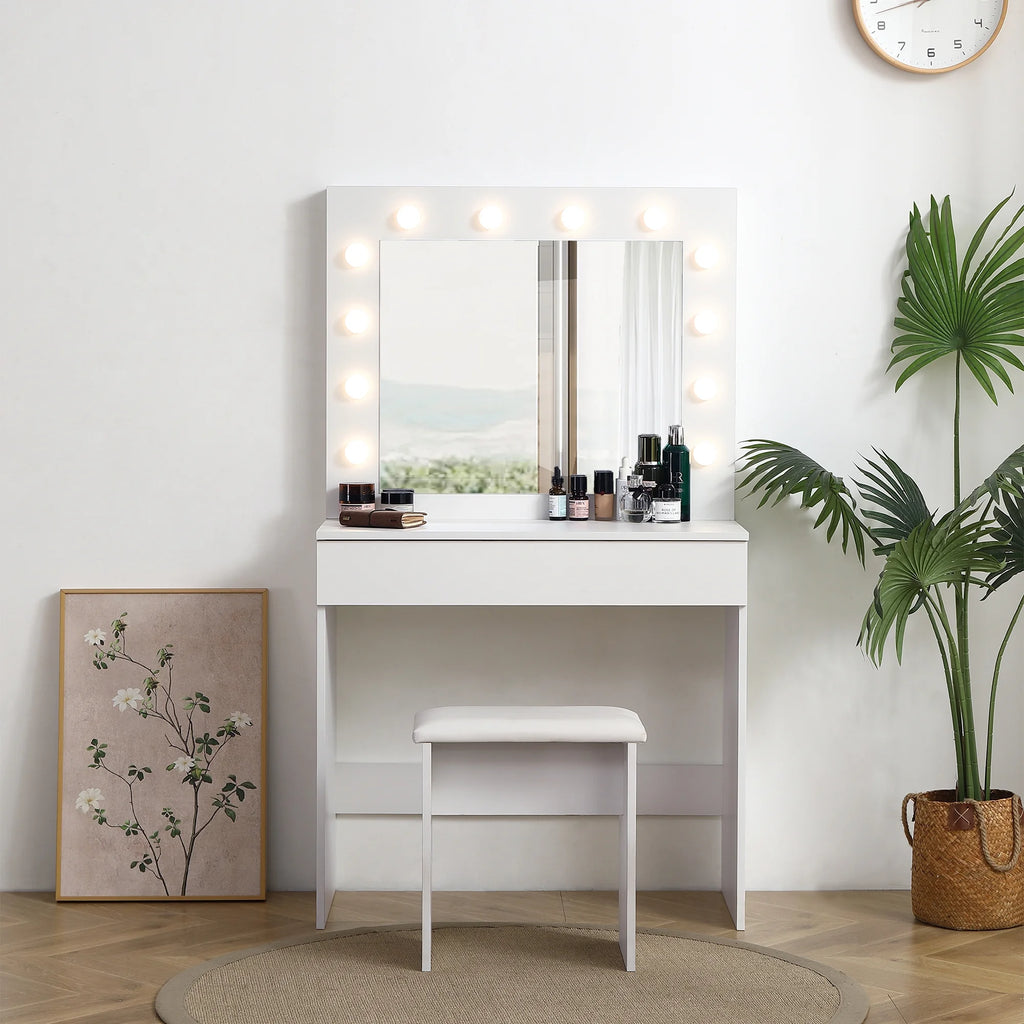 White Vanity Table with Lighted Mirror and Stool F640