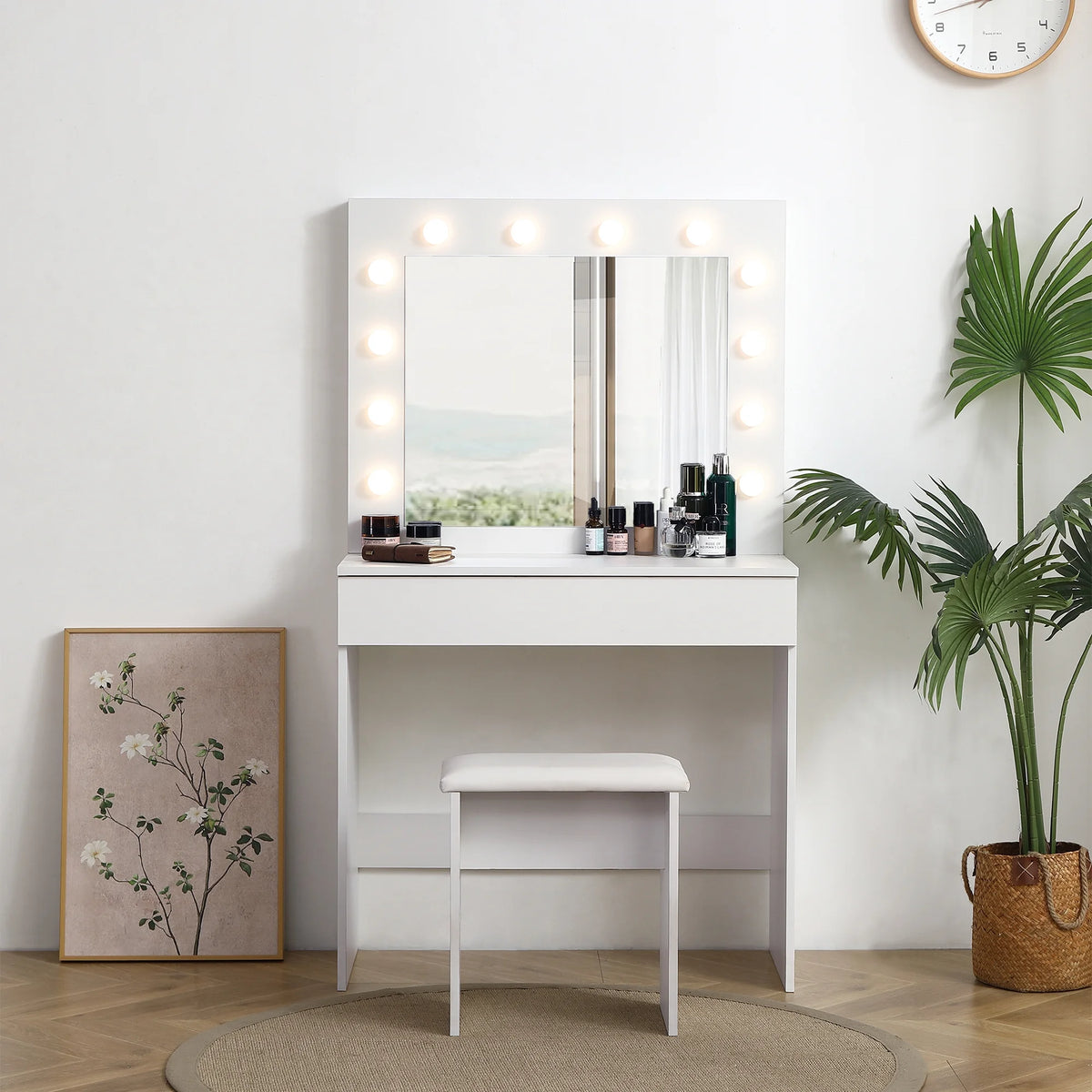 White Vanity Table with Lighted Mirror and Stool F640